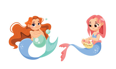 Charming Cartoon Mermaids Portrayed in a Colorful Underwater Scene Filled with Joyful Delight