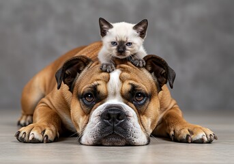 Obraz premium Cute Siamese kitten rests on the head of a French bulldog, showcasing an unlikely friendship and adorable companionship