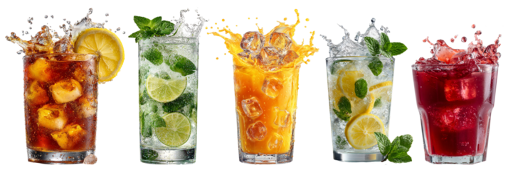 Assortment of iced drinks with fruits, mint, and splashes, looking vibrant and refreshing