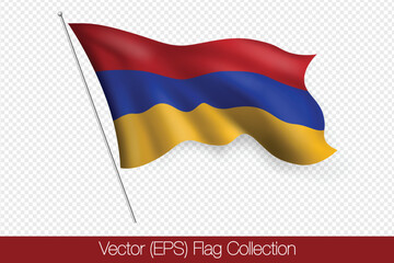 Obraz premium 3D realistic red, blue and orange flag of Armenia, vector (EPS) illustration isolated on transparent background. The flag twists on the wind, realistic shadows and light