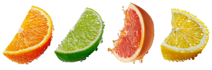 Orange, lime, grapefruit, and lemon slices with water drops, looking juicy and refreshing
