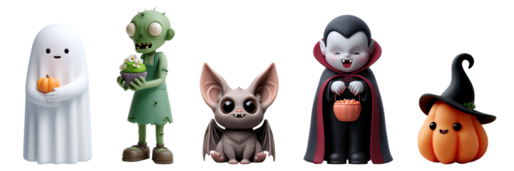 Ghost, zombie, bat, vampire, and pumpkin characters in a fun Halloween cartoon design
