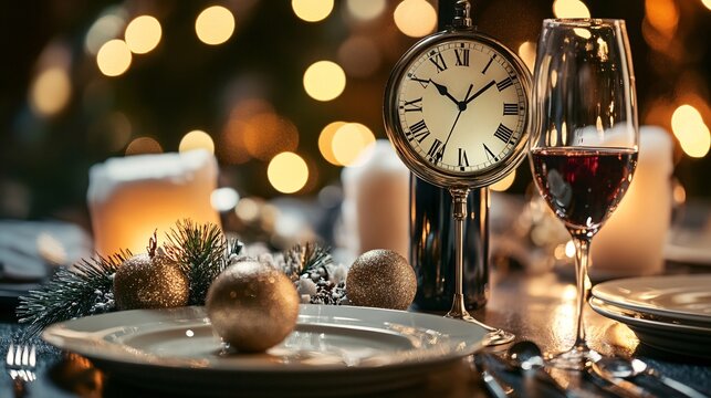 Festive New Year's Eve table setting with clock, wine, and golden ornaments