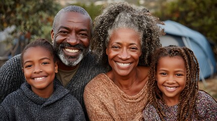 An African American family, including grandparents and granddaughters, smiles warmly at the camera outdoors.