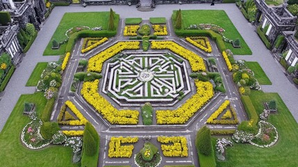 Aerial view of meticulously manicured garden at Blarney Castle, Ireland featuring geometric shapes