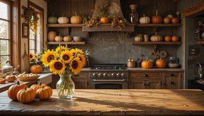 Cozy farmhouse kitchen decorated with pumpkins, apples, sunflowers in vase, rustic wooden shelves