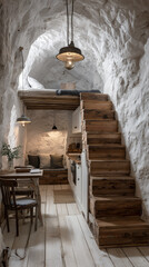 Obraz premium Cozy Cave Retreat: A meticulously crafted interior of a cave, featuring a wooden staircase, elevated bed, intimate seating, and hanging lamps, exuding a warm, inviting ambiance.
