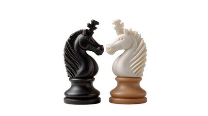 Chess Knights Facing Each Other: A photorealistic shot features two chess knights, one black and one white, facing each other. It showcases strategic decisions and balanced competition.