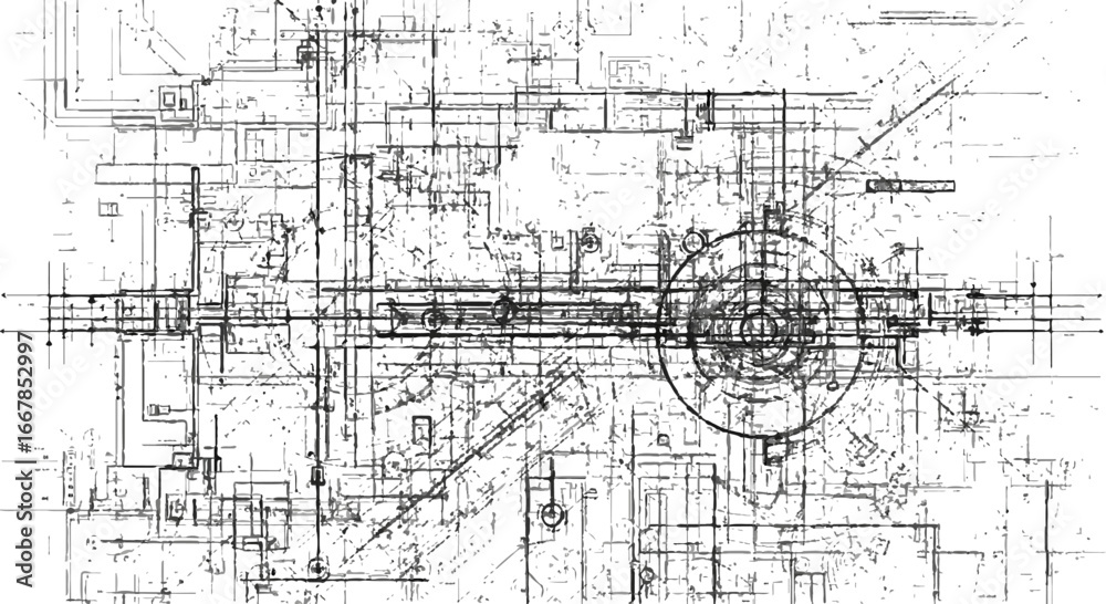 Wall mural complex technical blueprint with intricate lines and geometric shapes isolated on transparent backgr