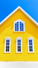 Bright yellow house with white trim and windows against a clear blue sky