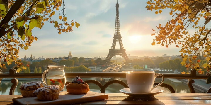 A table set for breakfast on a balcony, overlooking the city of Pari with the Eiffel Tower in soft morning light in background
