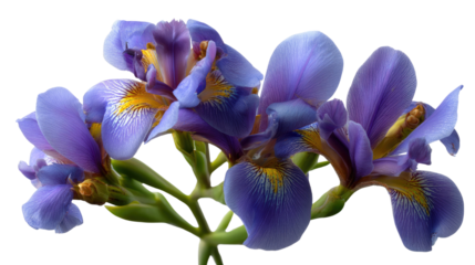 Radiant Iris Blooms: A close-up shot of a cluster of radiant iris blossoms reveals intricate details. The flowers, in shades of purple and yellow, exude a sense of fresh beauty.