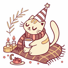Relaxed expression on a Cat in a Christmas theme, with wearing a party hat – Warm Cozy vector art