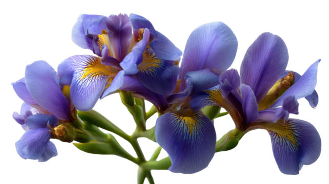 Radiant Iris Blooms: A close-up shot of a cluster of radiant iris blossoms reveals intricate details. The flowers, in shades of purple and yellow, exude a sense of fresh beauty.