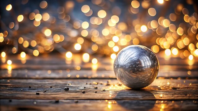 Shiny silver sphere on wooden surface with bokeh lights - Powered by Adobe