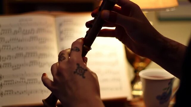 Close up of fingers playing a wooden recorder with sheet music in a cozy music room under warm lighting