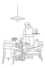 Female waitress setting tables in restaurant ,Waitress puts the glass, table setting,Catering service, Order acceptance, payment and customer service,Hand drawn line drawing vector illustration