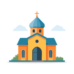 Stylized church building with blue dome and cross icon, surrounded by clouds and bushes.