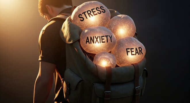 Person carrying the heavy burden of stress, anxiety, and fear in a backpack
