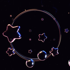 3D render neon stars and bubbles ring.