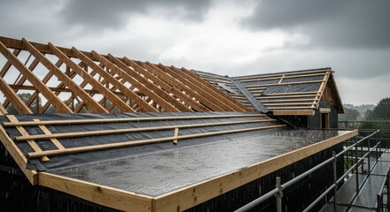 Under Construction House Roof During Rainy Weather