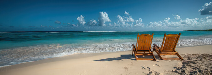 Photography of beach chairs set on the sand at a beautiful beach in a resort area.
