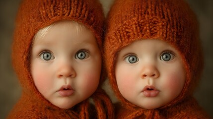 Two adorable twin babies with striking blue eyes and sweet expressions pose in matching orange knit bonnets.