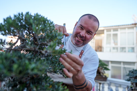 Gardener pruning bonsai tree and smiling outdoors at home