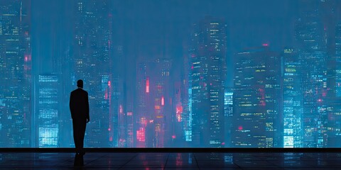 Silhouette observing glowing skyline from modern interior