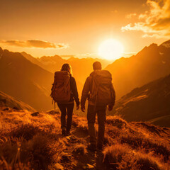 Photograph of people hiking up a mountain and enjoying the beautiful panoramic view of the high peak.
