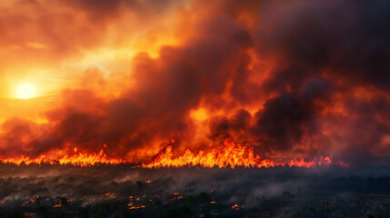 Massive wildfire raging in forest at sunset