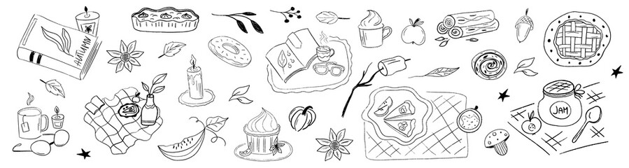 Autumn food whimsical clipart hand drawn crayon texture. Food autumn with pumpkin, leaf and cake. 