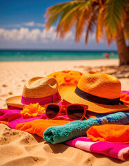 Close up photography of a hat, sunglasses and other beach accessories on a towel on the sand of a beautiful beach.