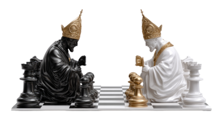 Chess Piece Conflict: A striking artistic composition presents a tense chess game, with intricately designed black and white pieces, each embodying the spirit of conflict and strategic planning.