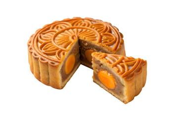 A delicious mooncake with intricate designs and a slice cut out showing the yolk on a transparent background