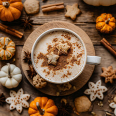Fototapeta premium Pumpkin spice latte with cookies and autumn decorations