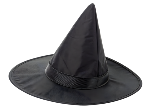 A single black witch hat with a pointed top and a brim on a transparent background is displayed here - Powered by Adobe