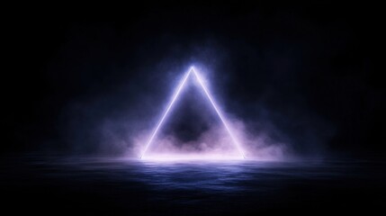 Luminous neon triangle illuminates dark misty atmosphere with ethereal glow