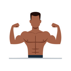 Fototapeta premium Muscular man with dark skin flexing biceps and six-pack abs, male strength and fitness flat vector illustration.