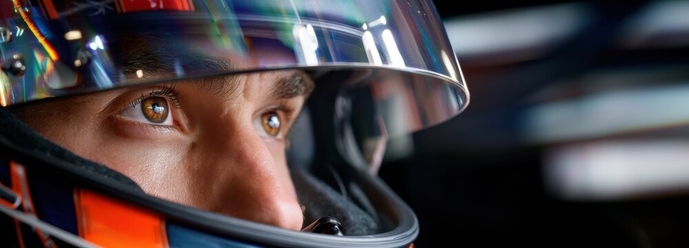 Close-up on the determined gaze of man, male Formula One racer pilot in helmet in a racing car F1 on track at a race competition