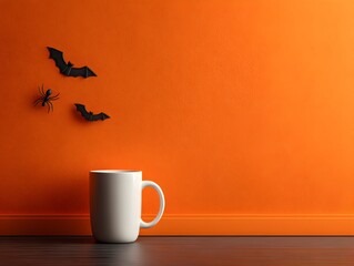 Halloween themed blank mug on a wooden floor with bats and spider against bright orange colored wall space.