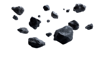 Floating Asteroids: A collection of irregularly shaped, dark gray asteroids is suspended in a void.