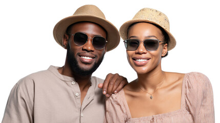 Radiant Duo in the Sun: A stylish couple, donned in sun-protective hats and chic sunglasses, radiates happiness and camaraderie under a bright sun. capturing their relaxed vibe and shared joy. 