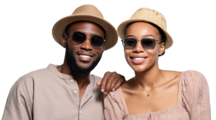 Radiant Duo in the Sun: A stylish couple, donned in sun-protective hats and chic sunglasses, radiates happiness and camaraderie under a bright sun. capturing their relaxed vibe and shared joy. 