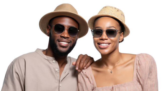 Radiant Duo in the Sun: A stylish couple, donned in sun-protective hats and chic sunglasses, radiates happiness and camaraderie under a bright sun. capturing their relaxed vibe and shared joy.