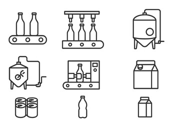 Beverage production line icons. Manufacturing and packaging vector icon set. Factory conveyor belt, bottling plant, processing equipment, automated line, drink industry graphics.
