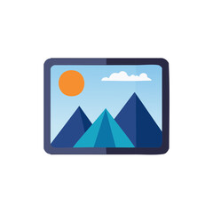 Simple flat design landscape showing geometric mountains sun and cloud in a graphic frame