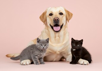 Obraz premium Friendly Companions A Golden Labrador and Two Adorable Kittens on a Pastel Pink Background