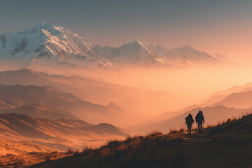 Photograph of people hiking up a mountain and enjoying the beautiful panoramic view of the high peak.