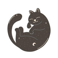 Black magic cat illustration in sleeping pose for Halloween and witchcraft themed decor.
